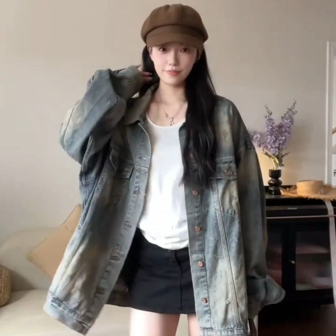 高街美式复古水洗做旧牛仔外套女春秋宽松oversize中长款夹克上衣
