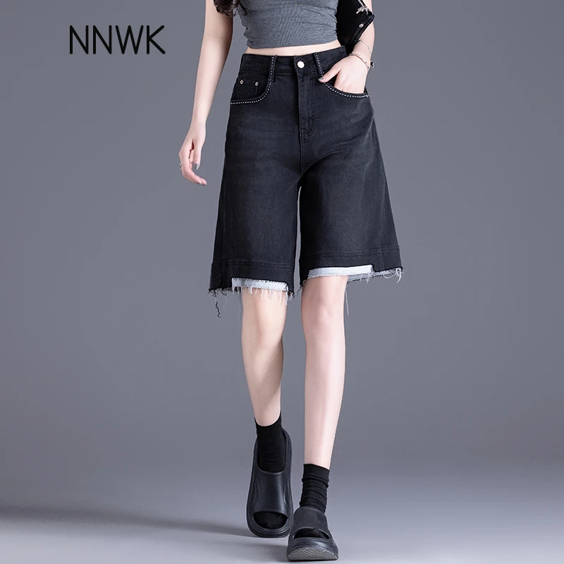 毛边拼接牛仔短裤女夏季2025新款薄款高腰宽松直筒阔腿裤五分中裤