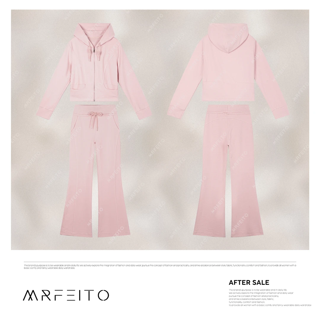 早春新款粉色休闲连帽抽绳女士套装H1192TZ02C31038