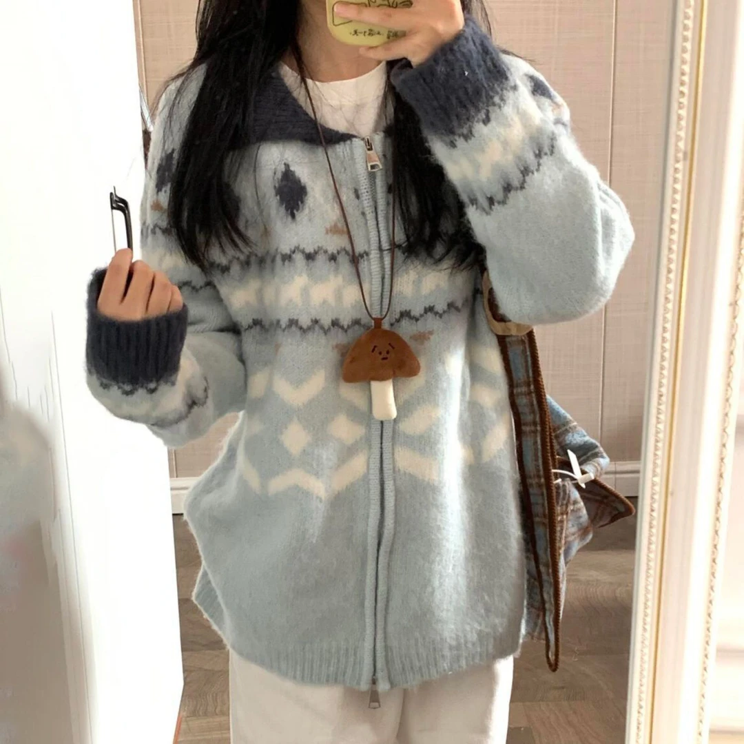 费尔岛提花翻领毛衣外套2024年秋冬新款慵懒风宽松拉链针织开衫女