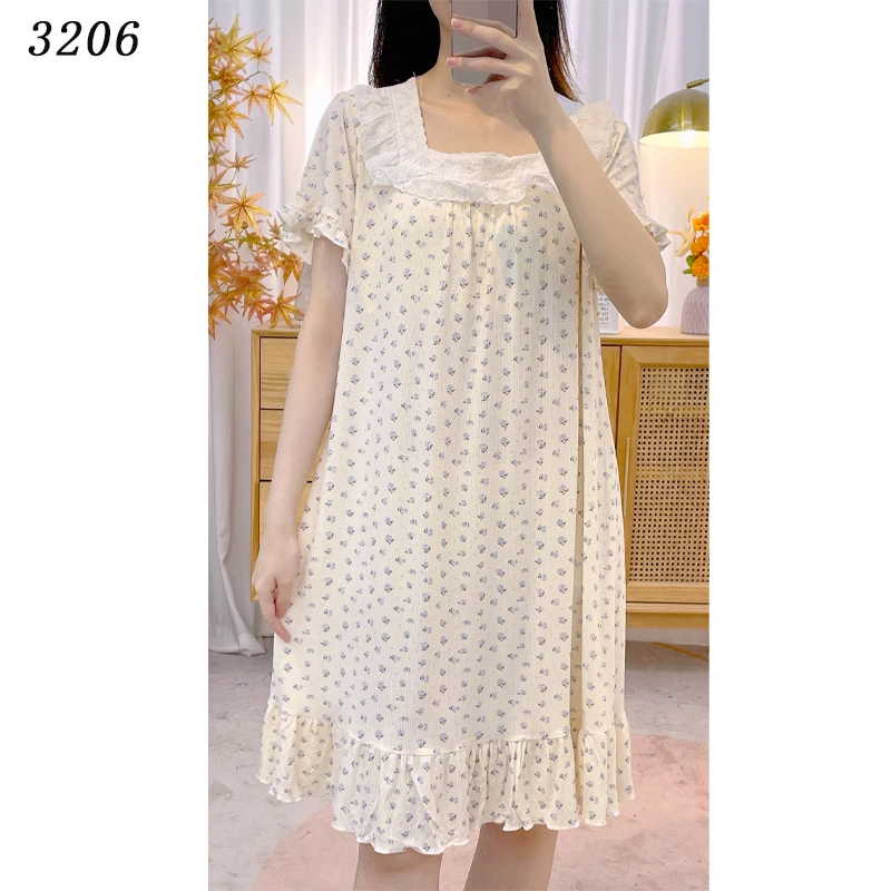 【带胸垫】女款 莫代尔圆领短袖睡裙家居服【杏色】碎花 -3206-XP