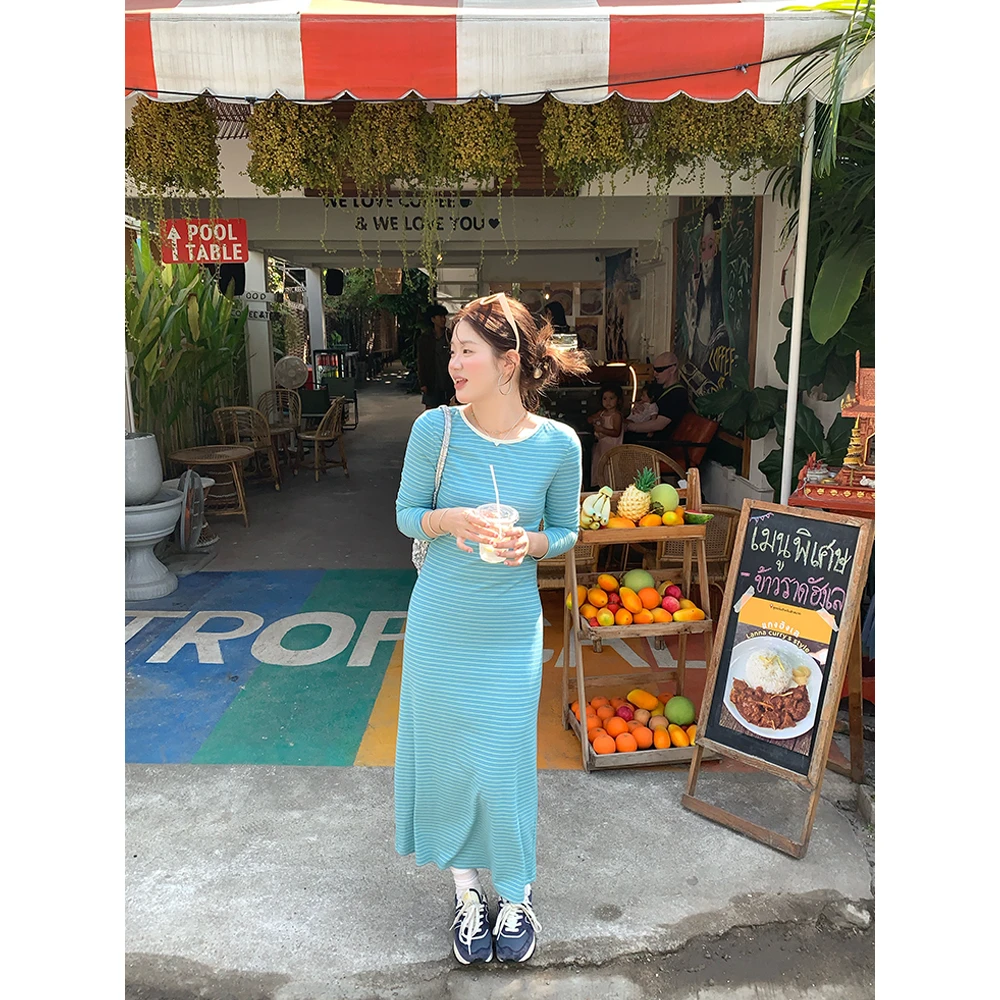 火火火【蓝色记忆】韩版圆领条纹宽松显瘦连衣裙L29196HH51