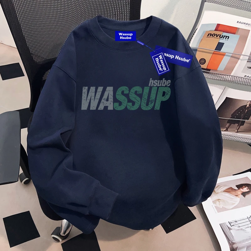 WASSUP HSUBE美式简约休闲藏青色长袖T恤秋季重磅vintage上衣潮流