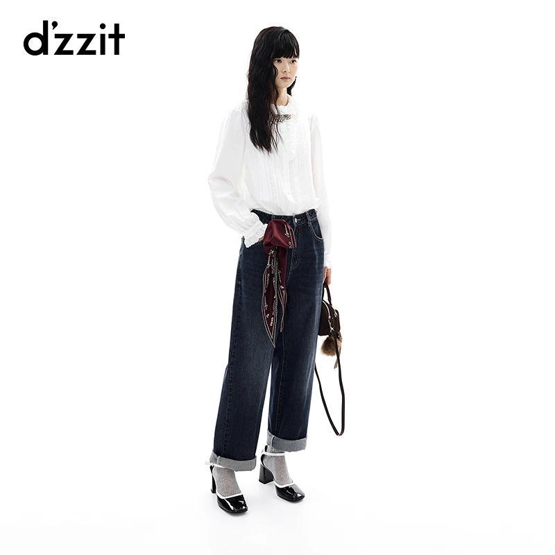 【刘浩存同款】dzzit地素衬衫25冬少女风荷叶边镂空上衣女3J4D550