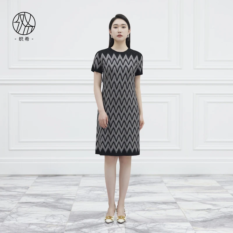 TESSITI｜织希春季新款优雅晚宴场合静谧蓝艺术提花短袖套头连衣裙