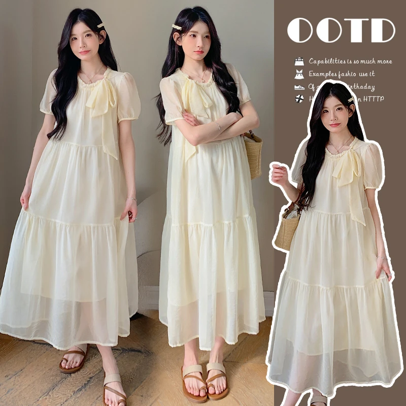 孕妇连衣裙夏季新款时尚韩版气质法式蝴蝶结绑带设计感显瘦长裙子