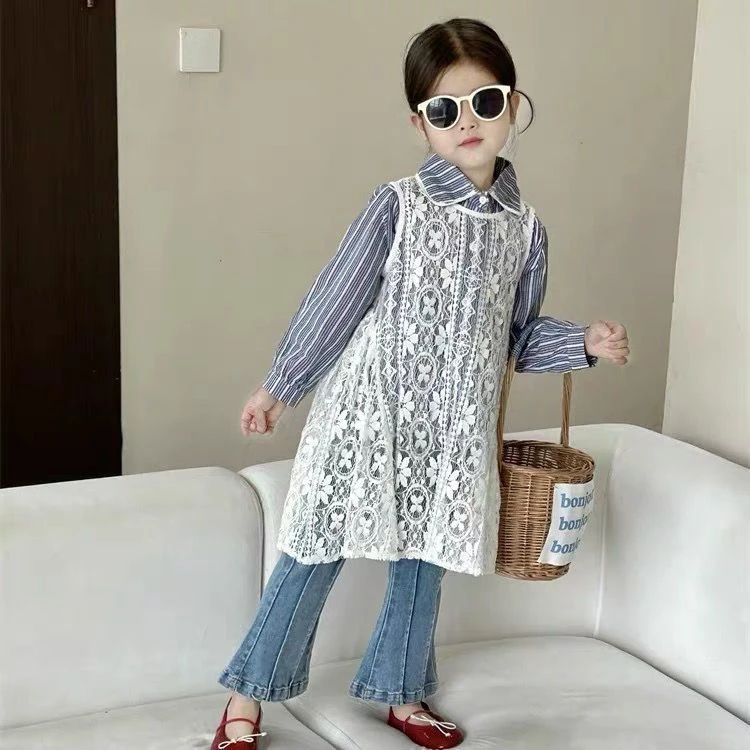 韩系女童2025春秋新款条纹领长袖三件套连衣裙中长直筒裙儿童