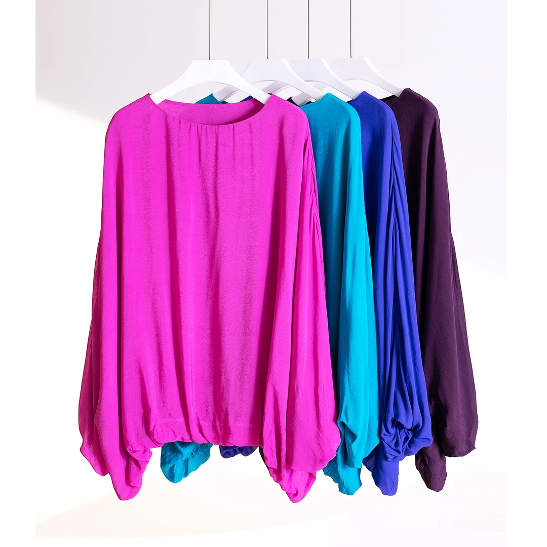 霓裳轻纱 纯色薄款圆领宽松显瘦长袖上衣