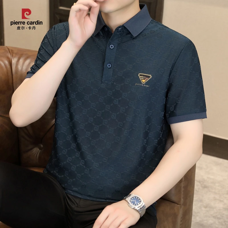 皮尔卡丹中年男士商务冰丝提花polo衫夏季薄款休闲透气翻领短袖
