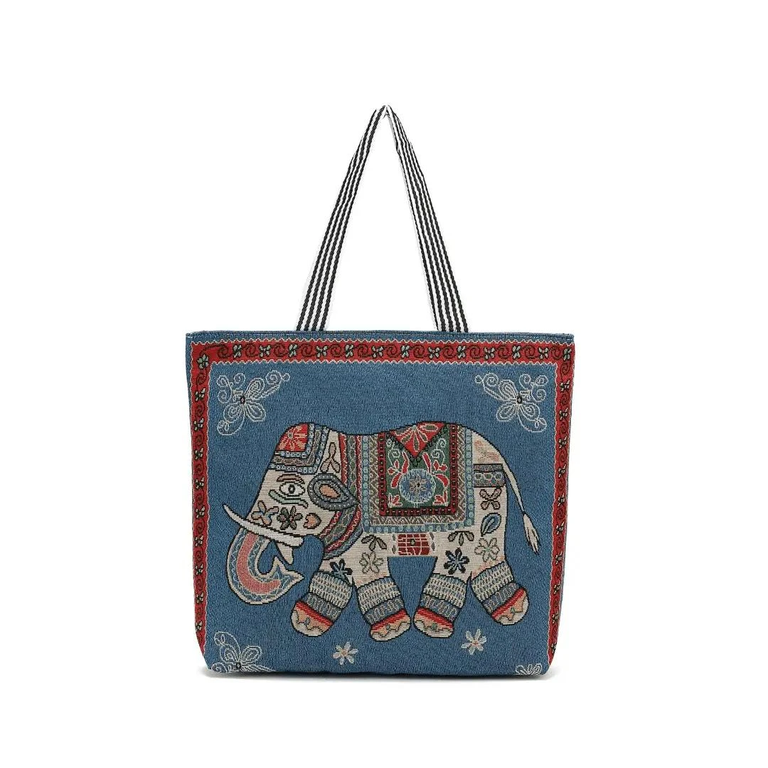 蓝色大象手提大容量单面刺绣休闲帆布包时尚百搭帆布包轻奢民族风