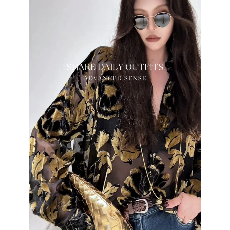 高温妮【暮野】复古港风日常显瘦植绒廓形长袖衬衫5e52429上衣衬衣