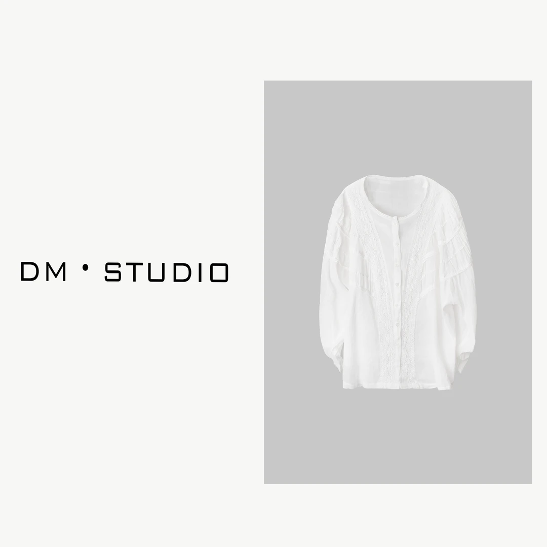 DEDM•STUDIO/极简纯色百搭拼接蕾丝麻料排扣长袖衬衣（23022）