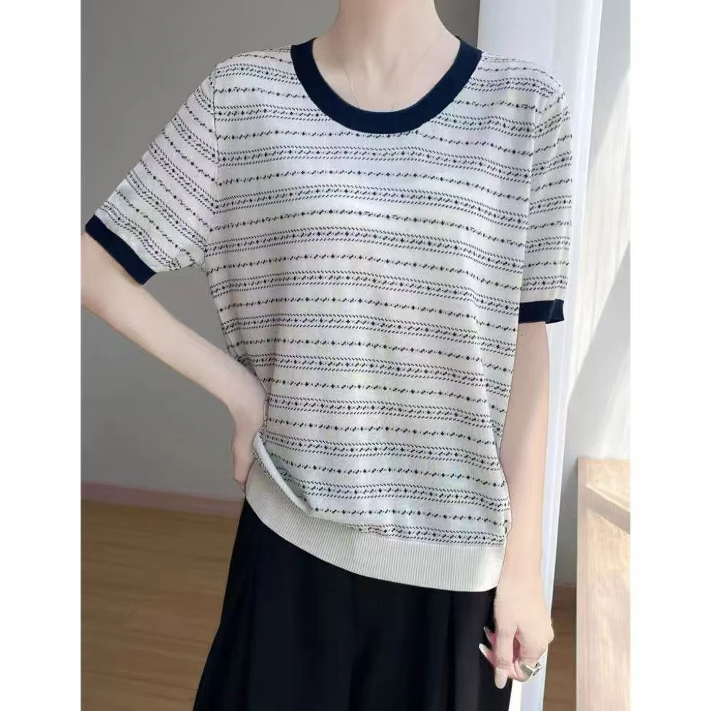 丽丽家~海浪短袖显瘦气质洋气时尚百搭条纹圆领上衣