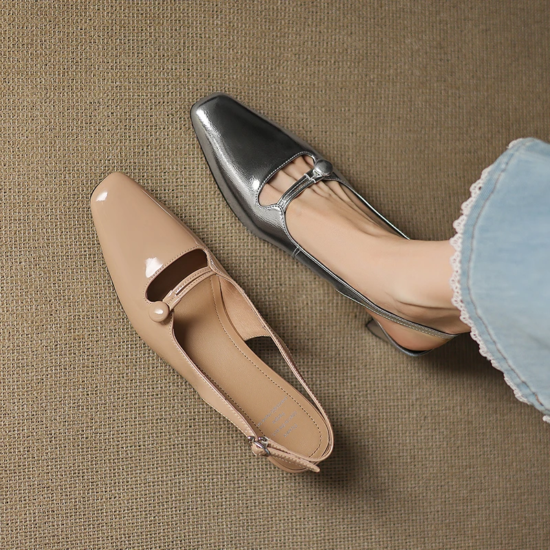 2025新款法式真皮方头粗跟单鞋女一脚蹬玛丽珍鞋女包头凉鞋女爆款