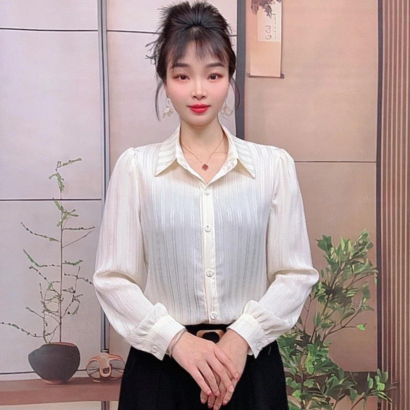 长袖衬衫2025新款高级女士春季时尚条纹百搭气质显瘦洋气衬衣上衣