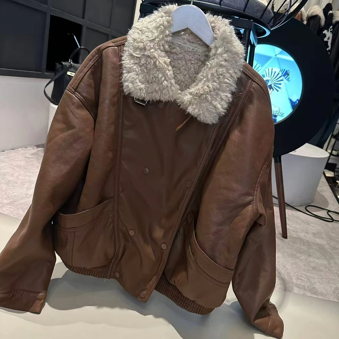 《姚家优麦汇》YH2339冬款加绒毛领皮衣设计感百搭时尚外套休闲女