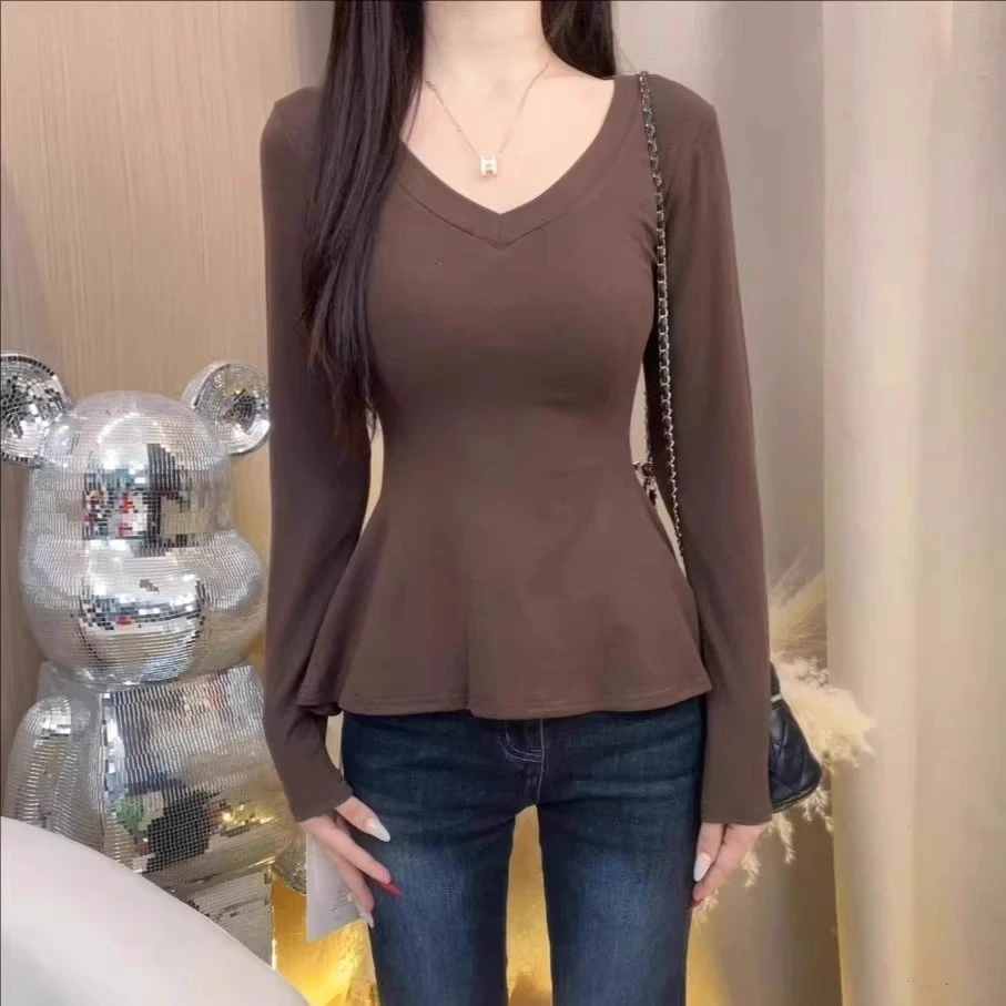 设计感辣妹纯色V领长袖T恤秋季新款胖MM大码女装收腰显瘦百搭上衣
