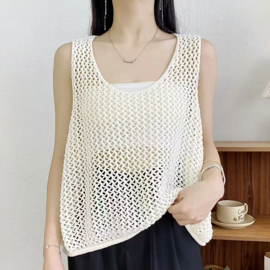 【广州微姐】夏季时尚百搭透气针织镂空网眼背心24277