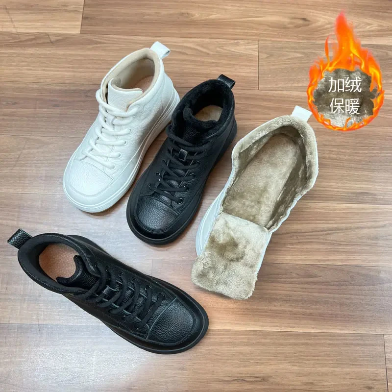 头层牛皮加绒高帮软底小白鞋秋冬季新款保暖高筒休闲板鞋短靴女