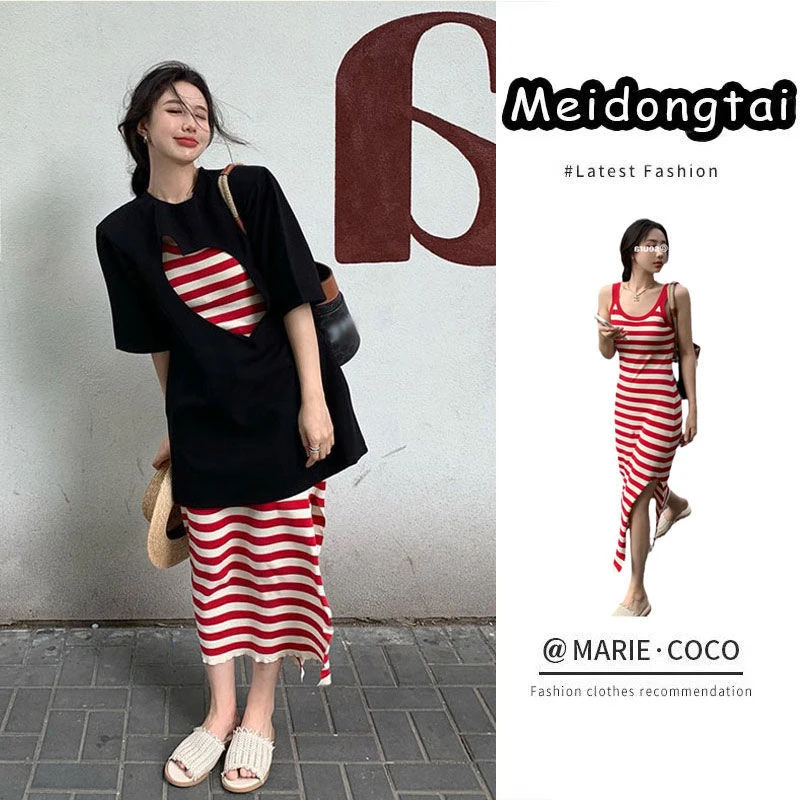 今年流行漂亮装裙女夏季2025新款条纹连衣裙搭镂空T恤潮【单件】