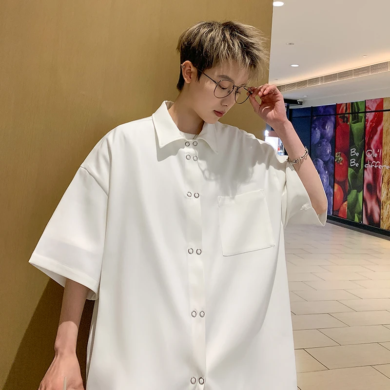 CS591潮牌港风简约情侣百搭夏季宽松纯色休闲短袖衬衫