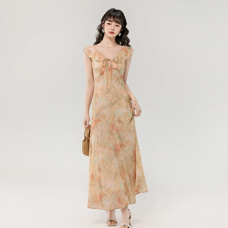 2025夏季新款法式温柔小女人气质优雅荷叶边小飞袖长款印花连衣裙