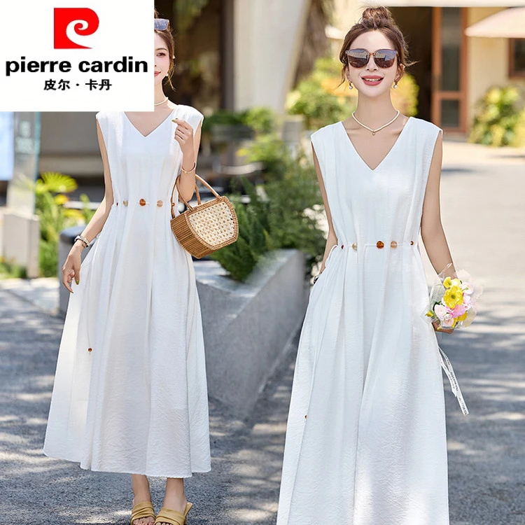 皮尔卡丹夏季白色连衣裙女小个子2025新款宽松收腰显瘦垂感遮胯无