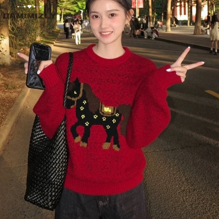 薛之谦同款秋冬慵懒风韩式卡通马上有钱花红色圆领宽松毛衣女