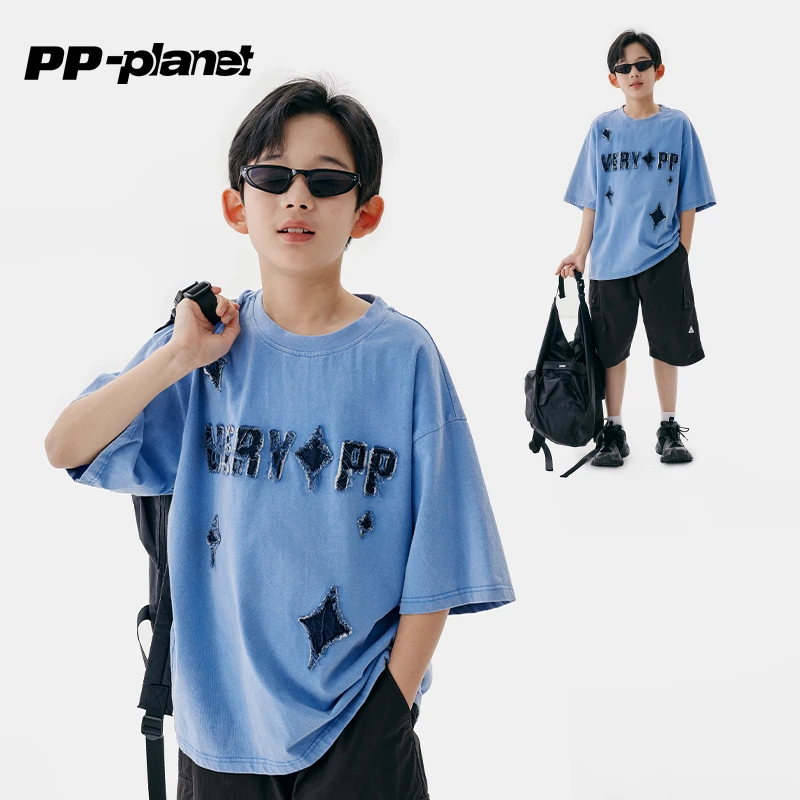PP星球男童夏季时髦贴布绣字母短袖T恤2025新款儿童上衣潮酷体恤