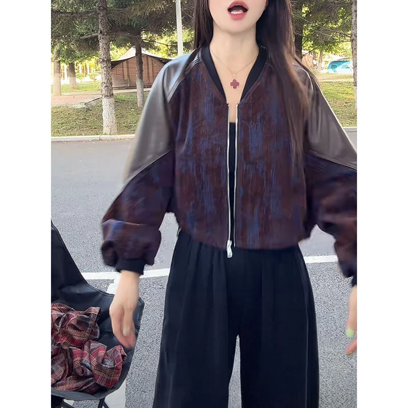 2025秋冬新款PU皮夹克拼接外套小皮衣女短机车显瘦爆款收腰显瘦