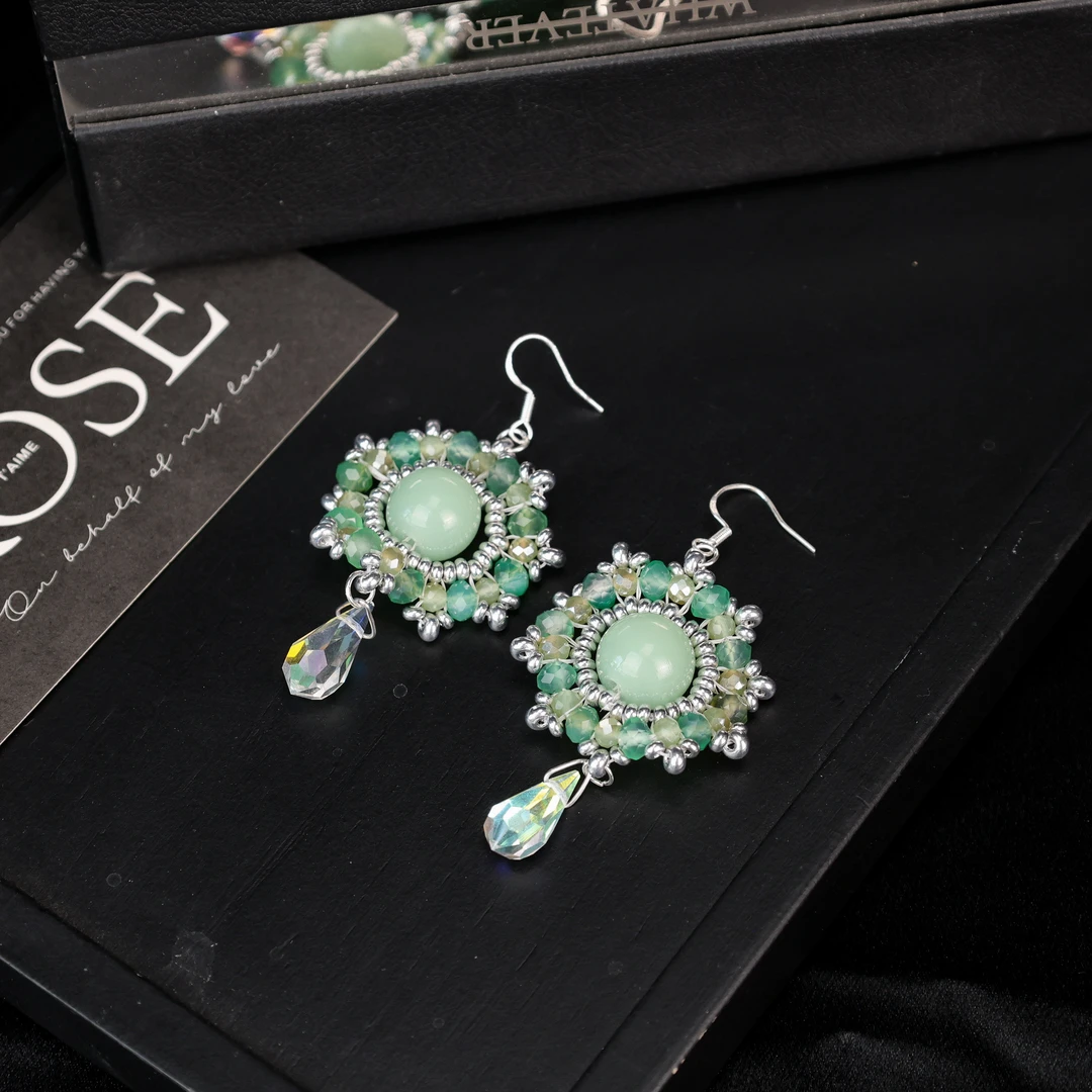 合金耳饰 LZ3775-1孙家绿料法秀款薄荷绿小米珠琉璃耳环