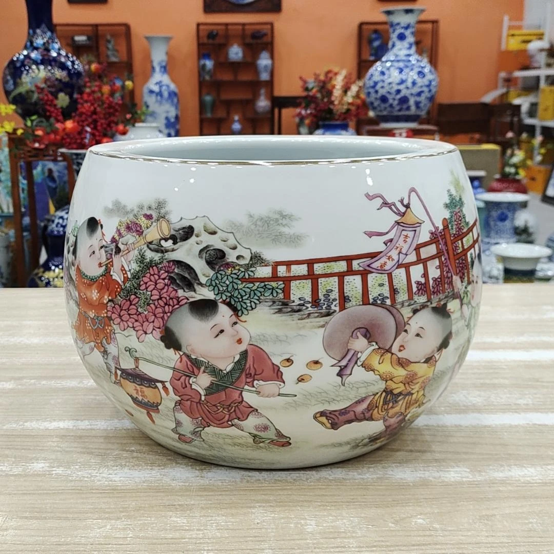 鸿轩景德镇瓷器五福祥瑞聚宝盆陶瓷摆件办公桌客厅中式客厅装饰品