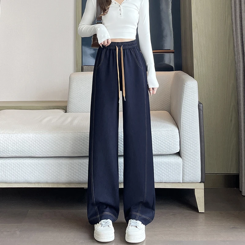 丹宁蓝阔腿牛仔裤女2025秋秋新款高腰显瘦宽松垂感拖地裤显瘦裤子