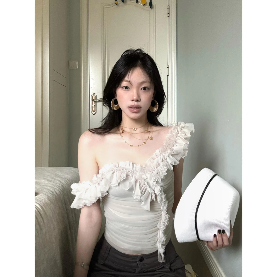 单肩荷叶边褶皱薄款修身小衫法式温柔风春夏通勤显瘦百搭设计感