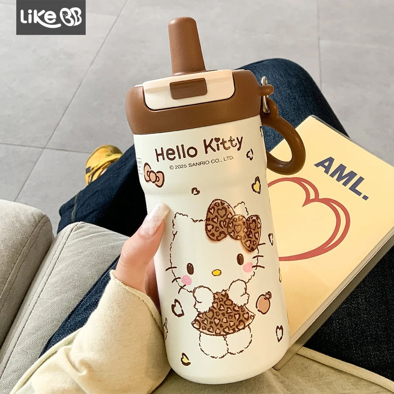 hellokitty保温杯女生大容量水杯女新款2025高颜值可爱豹纹吸管杯