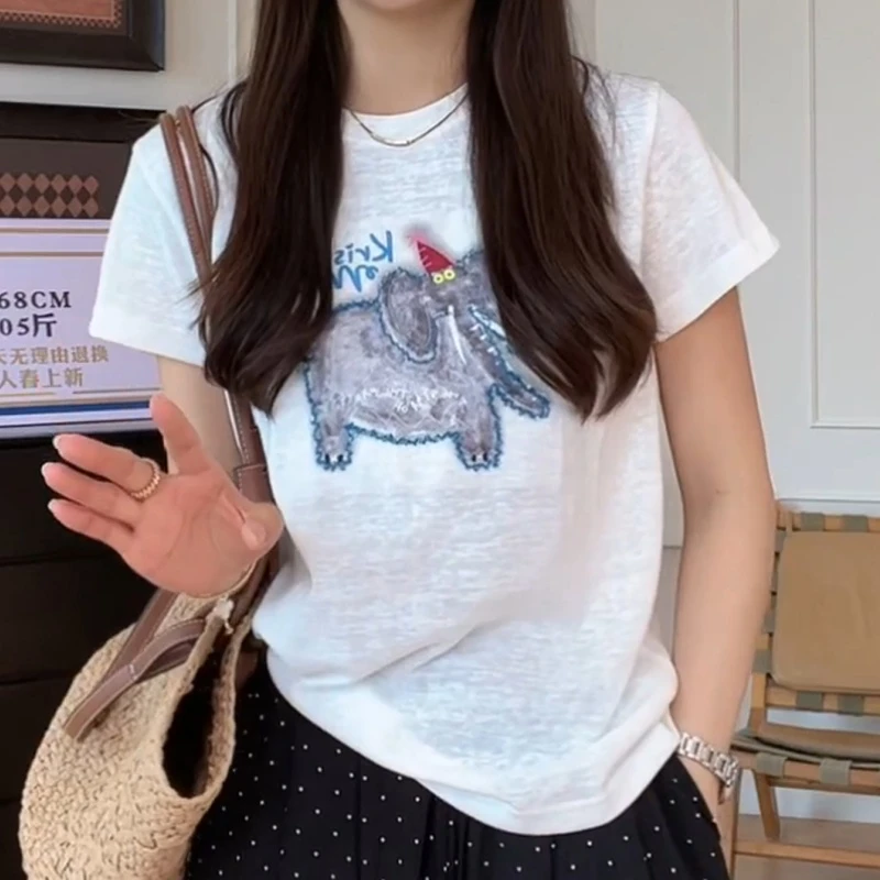 【一只小象】夏季百搭短袖T恤时尚洋气休闲装设计感上衣LK2503218-1