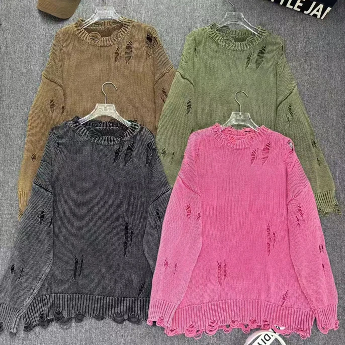 2025秋季新款圆领破洞宽松慵懒ins毛衣