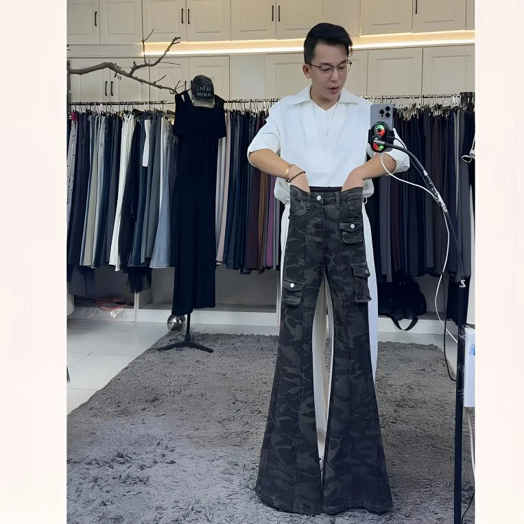 2燕龙服饰2065定制加长美式迷彩多口袋修身工装裤弹力微喇牛仔裤