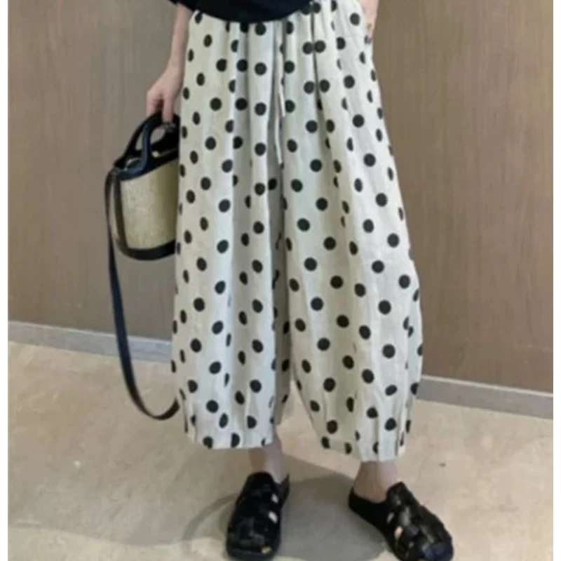 裤子女夏季薄款2025新款韩版时尚百搭设计感波点印花阔腿休闲裤女