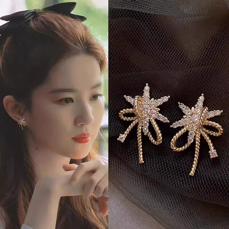 铜合金耳饰 雪花丝带耳钉小众高级感轻奢耳环温柔时尚百搭耳饰