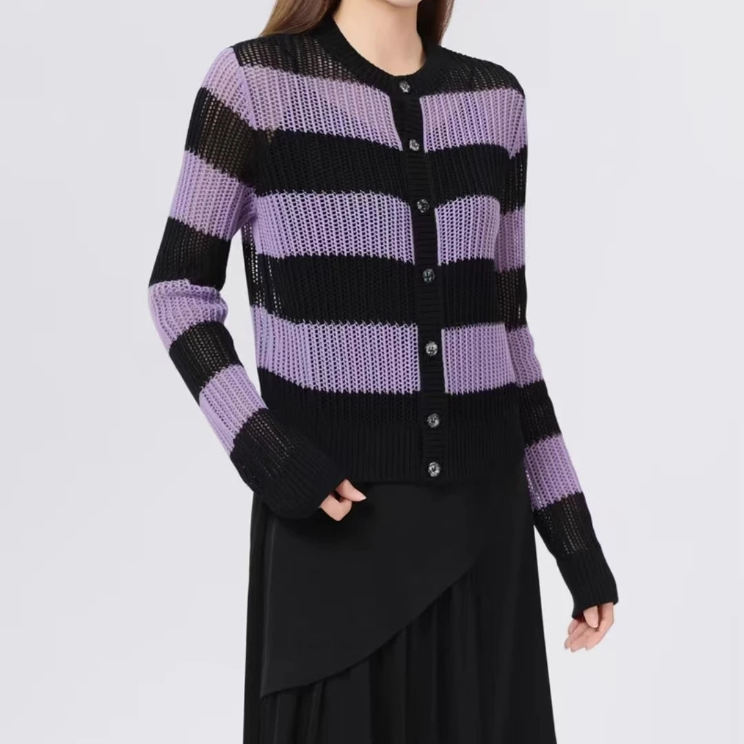 【专柜】商场同款春秋新款圆领撞色条纹针织开衫外套女148007