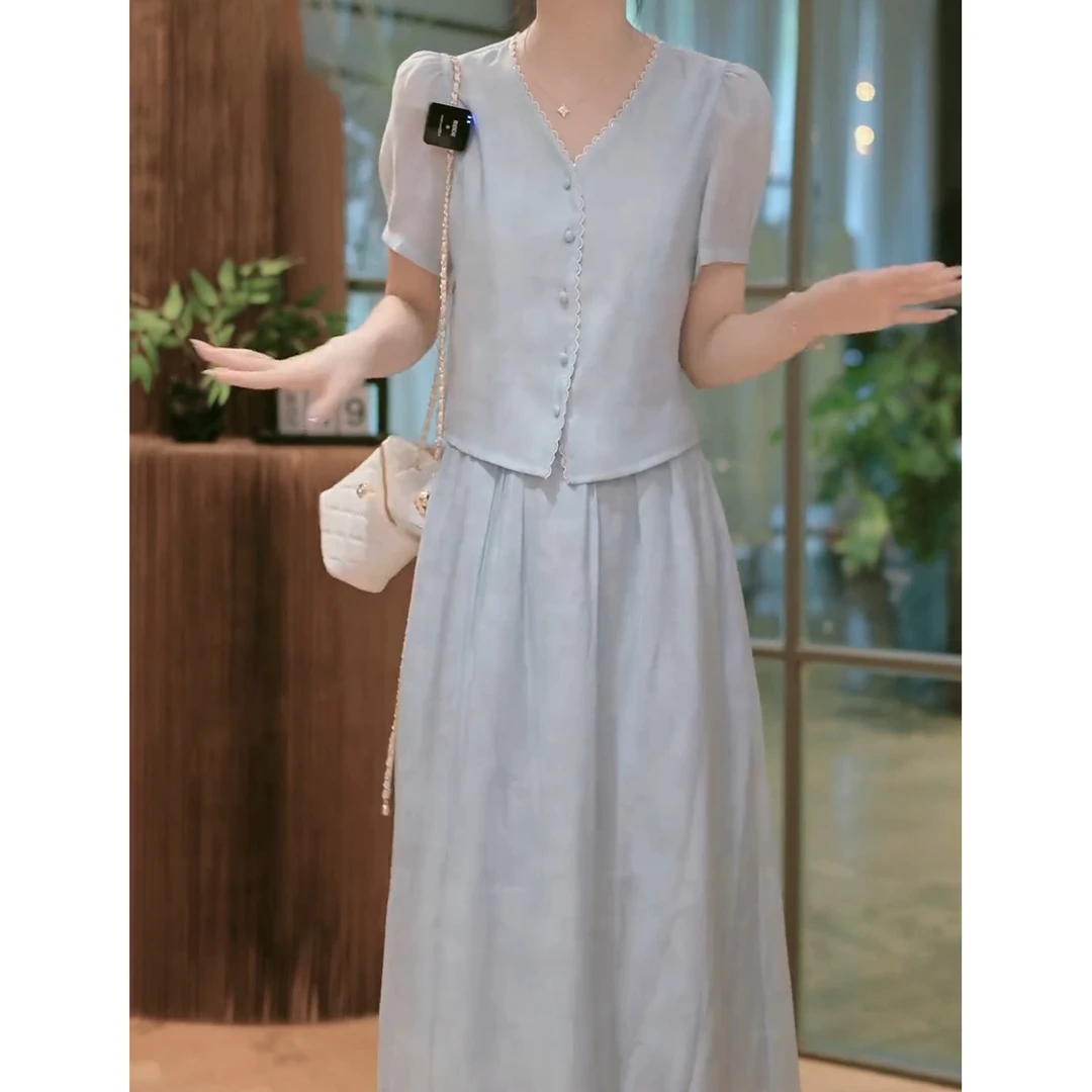 法式气质减龄时尚套装女2025新款短袖花边上衣搭半身裙两件套1617