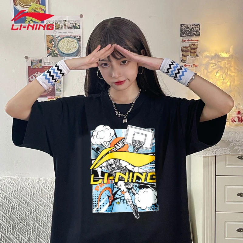 李宁短袖男女同款2025夏季黑色简约印花国潮棉质宽松休闲百搭短袖