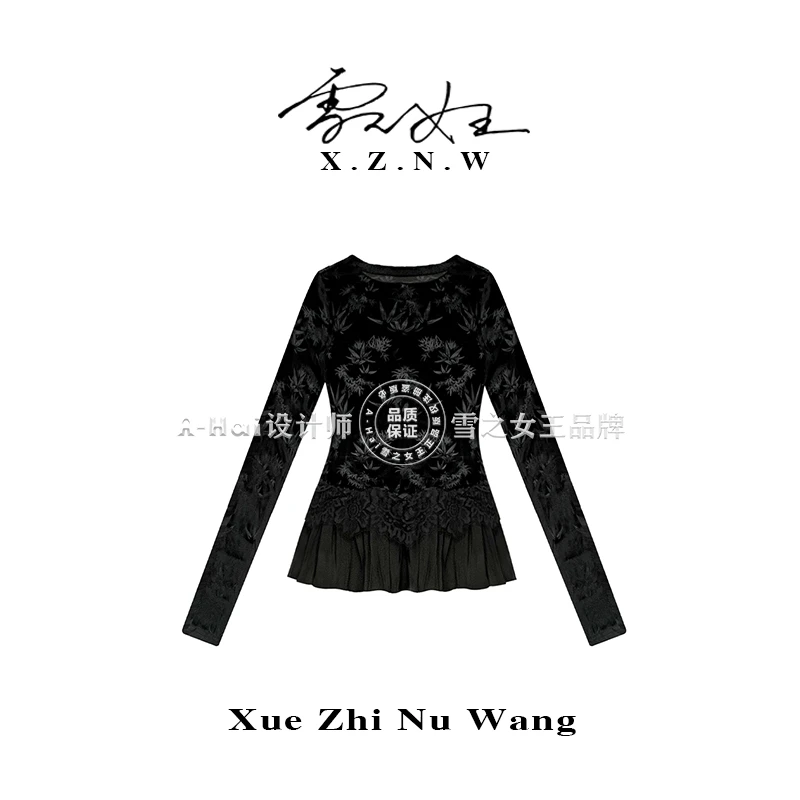 A Hai【暗夜织光】秋冬款丝绒轻奢优雅丝绒长袖T恤女显瘦百搭打底衫