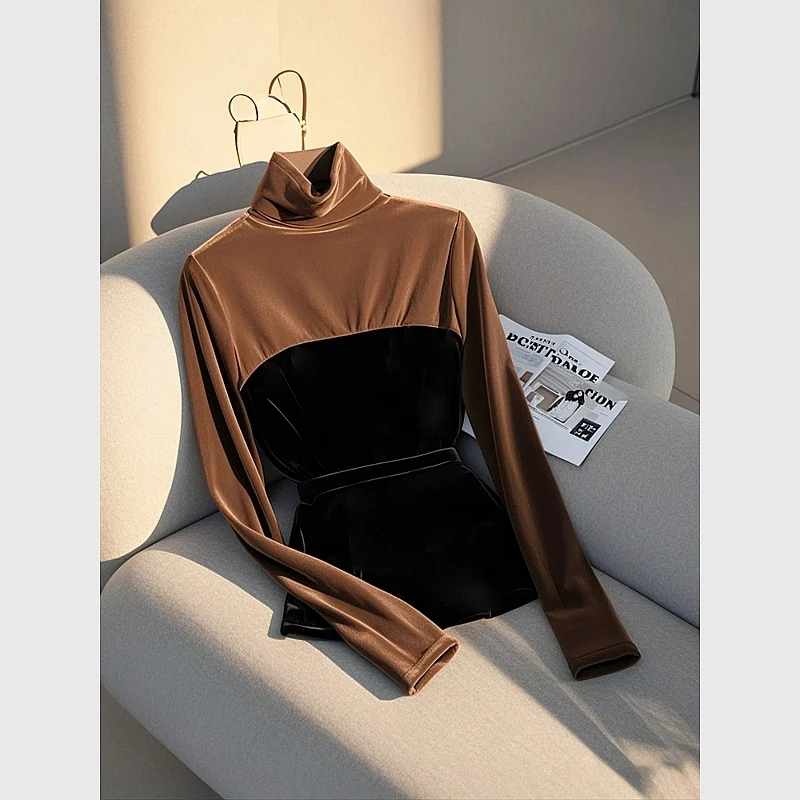 韩版气质高级感欧货独特别致打底衫撞色丝绒内搭加厚上衣女款秋冬
