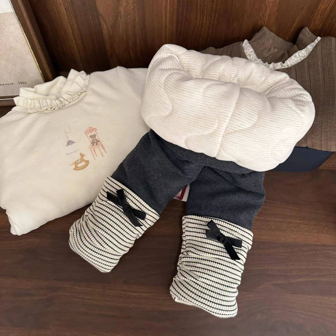 女童新款棉裤三层加厚洋气2024女宝宝条纹拼接打底裤加绒长裤外穿