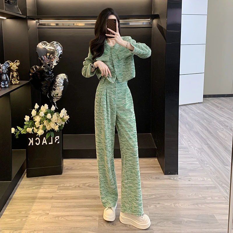 时尚气质显瘦休闲套装女秋冬绿色小香风阔腿裤两件套，含棉%