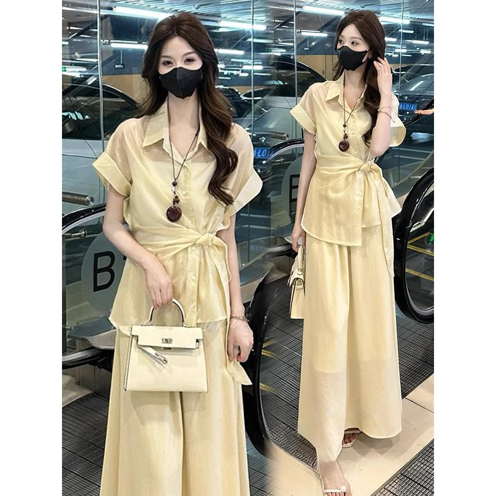 时尚套装女2025夏季新款法式围裹式收腰显瘦衬衣半身裙气质两件套