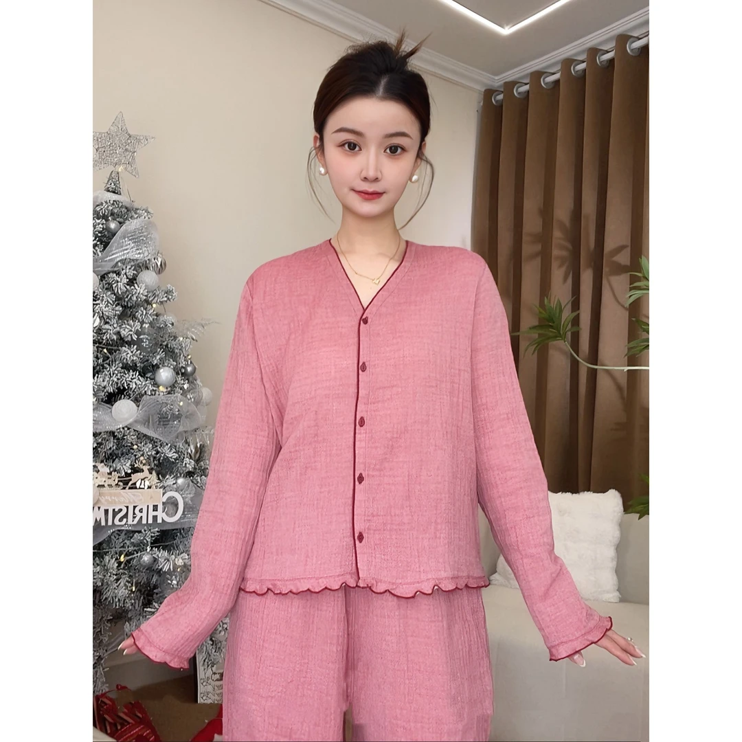 春季纯棉女士睡衣家居服套装纯色柔软宽松V领