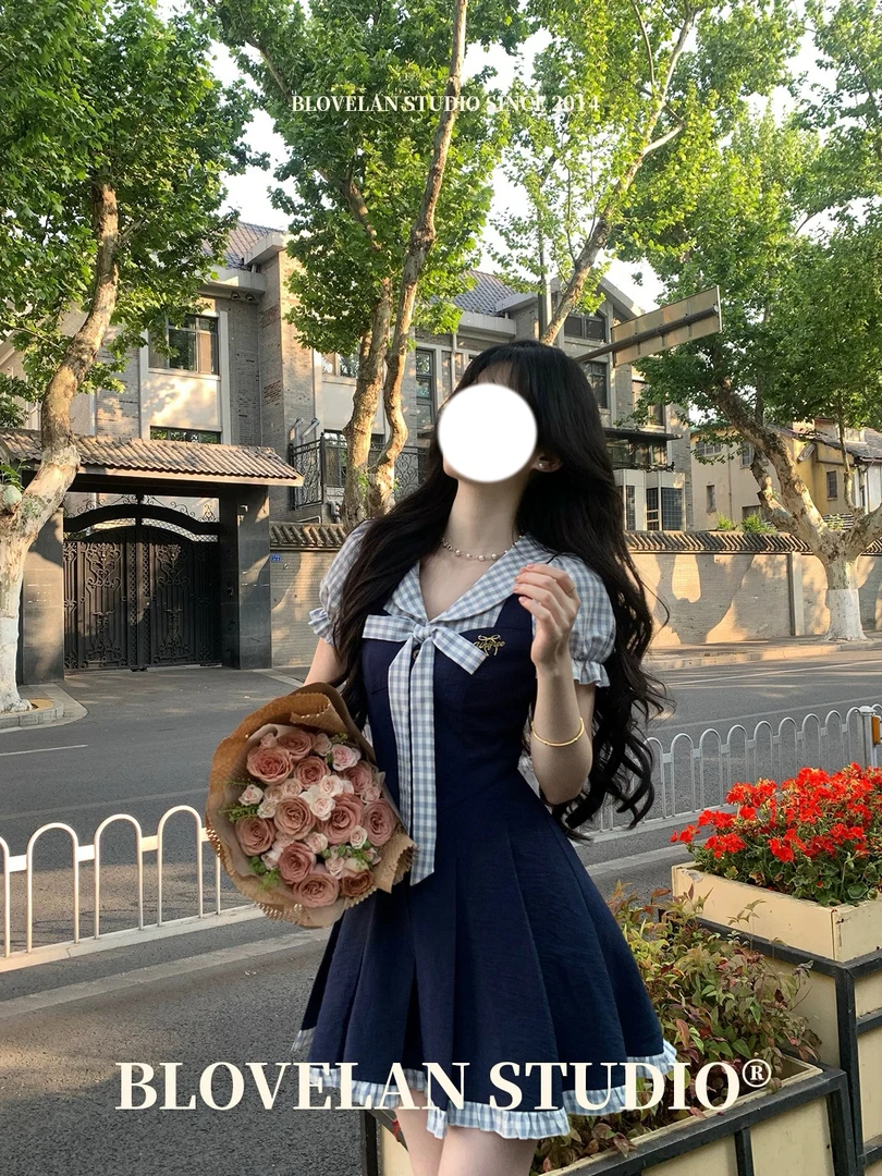 【莹莹推荐】苍蓝篇章学院风甜美娃娃领假两件格纹撞色百褶连衣裙